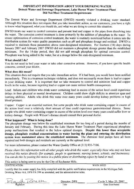 Drinking-Water-Safety-Standard-Violation-Notice (City Of Rochester Hills May 25,2007)